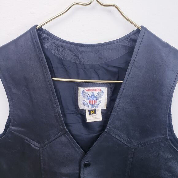 Genuine Leather Thick Black Snap Front Vanguard Biker Vest Men's Size Medium M - Picture 3 of 9